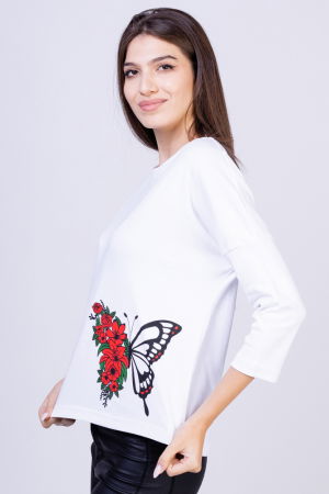 Tricou alb din bumbac, cu maneci 3/4 si imprimeu fluture [1]