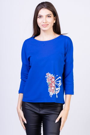 Tricouri din Bumbac - Tricou albastru electric din bumbac, cu maneci 3/4 si imprimeu fluture