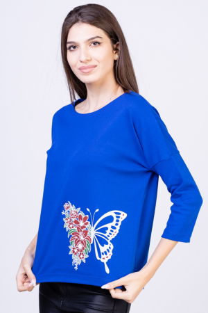 Tricou albastru electric din bumbac, cu maneci 3/4 si imprimeu fluture [1]