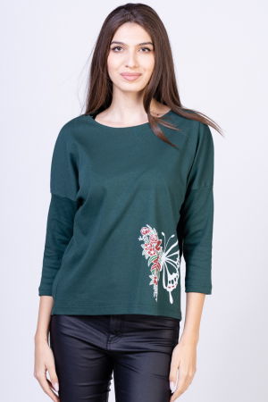 Tricouri cu Mânecă 3/4 - Tricou verde inchis din bumbac, cu maneci 3/4 si imprimeu fluture