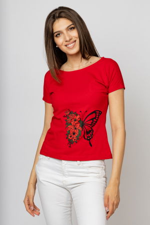 Tricouri Mânecă Scurtă - Tricou cambrat rosu din bumbac cu imprimeu fluture si flori