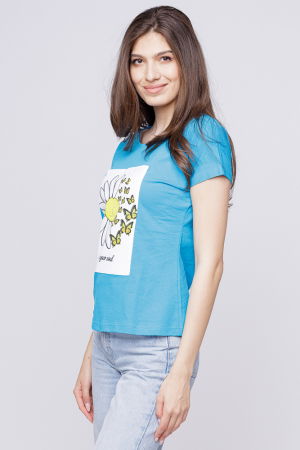 Tricou cambrat turcoaz din bumbac cu panou margareta "Find your soul" [1]