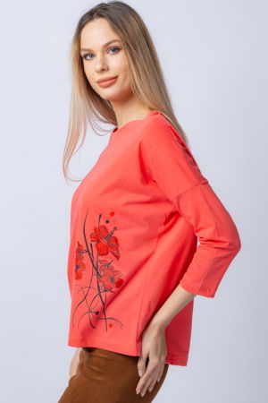 Tricou corai din bumbac, cu maneci 3/4 si imprimeu maci [1]