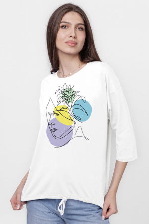Tricou cu maneca 3/4 din tricot de bumbac cu snur la baza, alba cu imprimeu chip stilizat [1]
