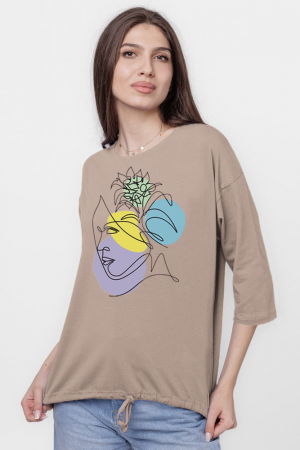 Tricou cu maneca 3/4 din tricot de bumbac cu snur la baza, fango cu imprimeu chip stilizat [1]