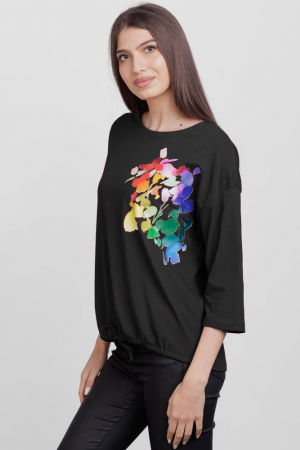 Tricou cu maneca 3/4 din tricot de bumbac cu snur la baza, negru cu imprimeu floare stilizata [1]