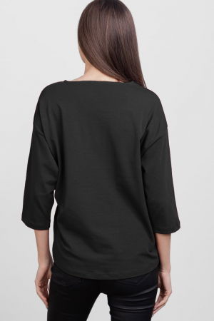 Tricou cu maneca 3/4 din tricot de bumbac cu snur la baza, negru cu imprimeu floare stilizata [2]