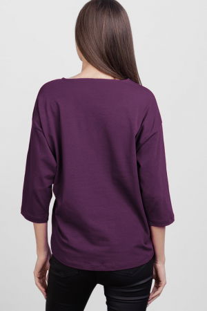 Tricou cu maneca 3/4 din tricot de bumbac cu snur la baza, mov inchis cu imprimeu floare stilizata [2]