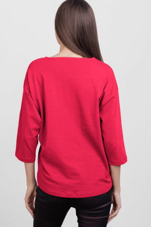 Tricou cu maneca 3/4 din tricot de bumbac cu snur la baza, fucsia cu imprimeu floare stilizata [2]