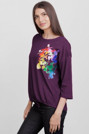 Tricou cu maneca 3/4 din tricot de bumbac cu snur la baza, mov inchis cu imprimeu floare stilizata [1]