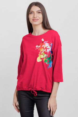 ÎMBRĂCĂMINTE - Tricou cu maneca 3/4 din tricot de bumbac cu snur la baza, fucsia cu imprimeu floare stilizata