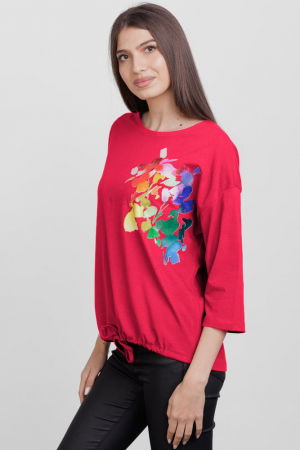 Tricou cu maneca 3/4 din tricot de bumbac cu snur la baza, fucsia cu imprimeu floare stilizata [1]
