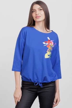 Tricou cu maneca 3/4 din tricot de bumbac cu snur la baza, albastru electric cu imprimeu floare stilizata [1]