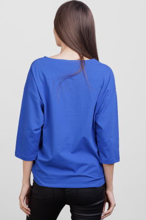 Tricou cu maneca 3/4 din tricot de bumbac cu snur la baza, albastru electric cu imprimeu floare stilizata [2]