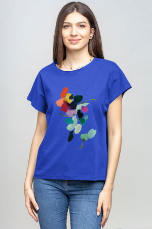 Tricouri Mânecă Scurtă - Tricou cu maneca cazuta din bumbac albastru cu imprimeu floare stilizata