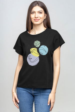 Tricouri din Bumbac - Tricou cu maneca cazuta din bumbac negru cu imprimeu chip stilizat