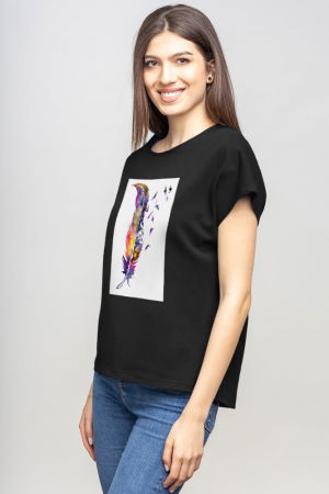 Tricou cu maneca cazuta din bumbac negru cu plicatie pana stilizata [1]