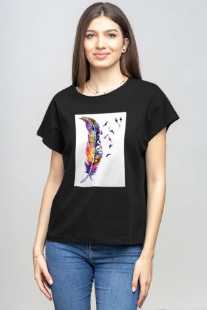 Tricouri din Bumbac - Tricou cu maneca cazuta din bumbac negru cu plicatie pana stilizata