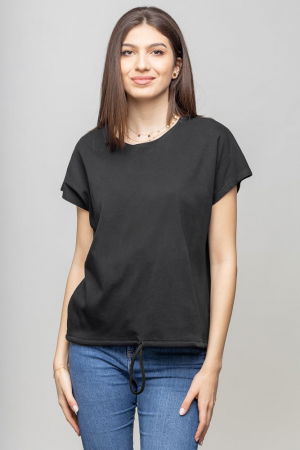 Tricouri din Bumbac - Tricou cu maneca cazuta din bumbac negru cu snur la baza