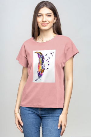 MĂSURI MARI - Tricou cu maneca cazuta din bumbac roz prafuit cu aplicatie pana stilizata