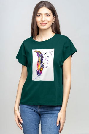 Tricouri din Bumbac - Tricou cu maneca cazuta din bumbac turcoaz inchis cu aplicatie pana stilizata