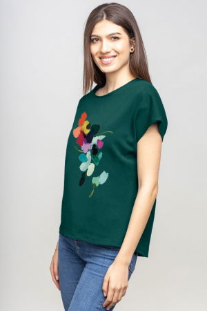 Tricou cu maneca cazuta din bumbac turcoaz inchis cu imprimeu floare stilizata [1]