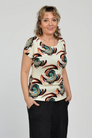 Tricou cu maneca cazuta si usor cambrat din vascoza cu imprimeu circular pe fond bej [1]