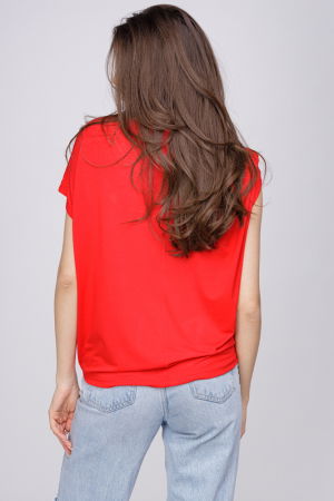 Tricou din vascoza cu snur la poale si imprimeu fluturi, rosu [2]