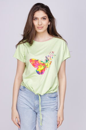 ÎMBRĂCĂMINTE - Tricou din vascoza cu snur la poale si imprimeu fluturi, verde fistic