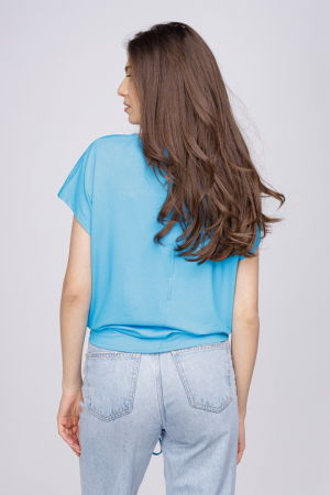 Tricou din vascoza cu snur la poale si imprimeu fluturi, albastru azzuro [2]