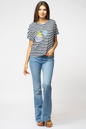 Tricou din bumbac cu dungi alb-negru cu imprimeu chip stilizat [1]