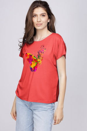 Tricouri Mânecă Scurtă - Tricou din vascoza cu imprimeu fluture, corai