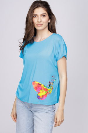 ÎMBRĂCĂMINTE - Tricou din vascoza cu imprimeu fluture, albastru azzuro