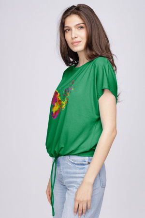 Tricou din vascoza cu snur la poale si imprimeu fluturi, verde [1]