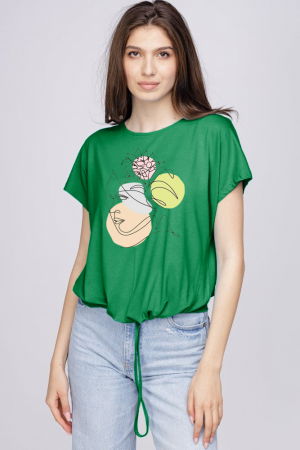 ÎMBRĂCĂMINTE - Tricou din vascoza cu snur la poale si imprimeu chip, verde