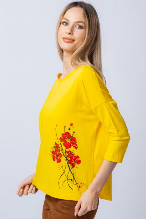 Tricou galben din bumbac, cu maneci 3/4 si imprimeu maci [1]