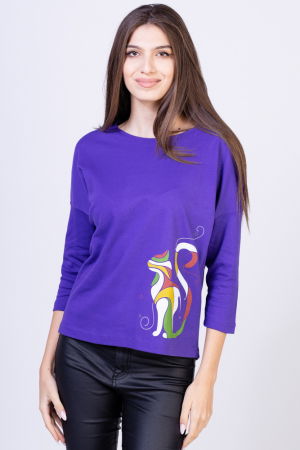 Tricouri cu Mânecă 3/4 - Tricou mov cu imprimeu pisica colorata