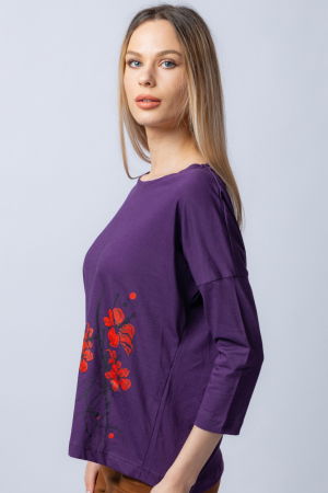 Tricou mov din bumbac, cu maneci 3/4 si imprimeu maci [4]