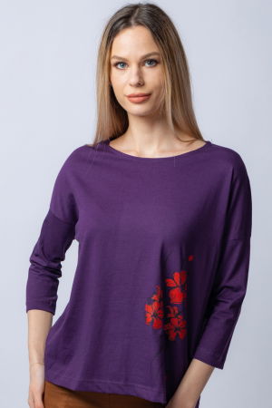 Tricou mov din bumbac, cu maneci 3/4 si imprimeu maci [3]