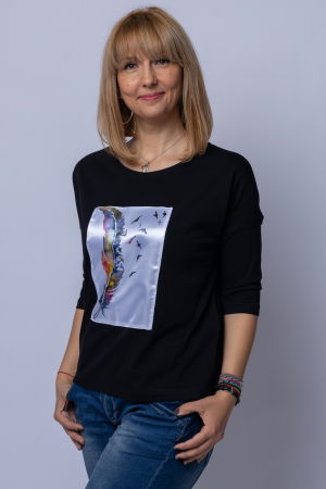 Tricou negru oversize cu maneca 3/4, cu panou de satin alb cu imprimeu frunza [1]