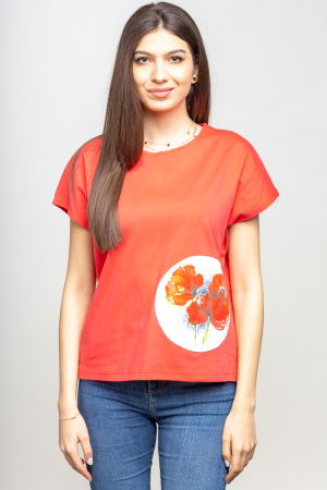 MĂSURI MARI - Tricou corai cu panou lateral maci rosii picturali