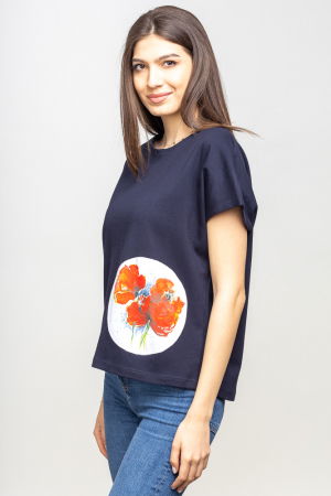 Tricou bleumarin cu panou lateral maci rosii picturali [1]