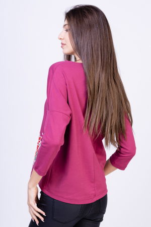 Tricou roz inchis din bumbac, cu maneci 3/4 si imprimeu fluture [2]