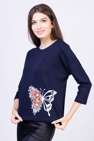 Tricou bleumarin din bumbac, cu maneci 3/4 si imprimeu fluture [1]