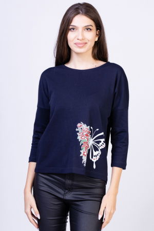 Tricouri cu Mânecă 3/4 - Tricou bleumarin din bumbac, cu maneci 3/4 si imprimeu fluture