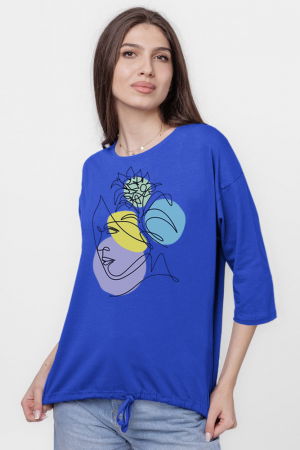 Tricou uni cu maneca 3/4 din tricot de bumbac cu snur la baza, albastru cu imprimeu chip stilizat [1]