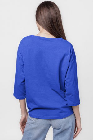 Tricou uni cu maneca 3/4 din tricot de bumbac cu snur la baza, albastru cu imprimeu chip stilizat [2]