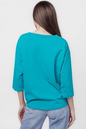 Tricou uni cu maneca 3/4 din tricot de bumbac cu snur la baza, turcoaz [2]