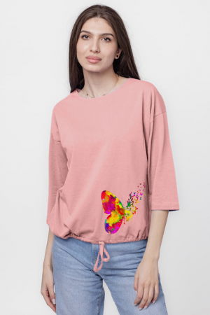 Bluze & Cămăși & Tricouri - Tricou uni cu maneca 3/4 din tricot de bumbac cu snur la baza, roz prafuit cu imprimeu fluturi