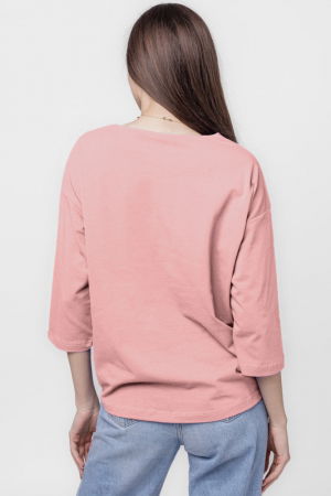 Tricou uni cu maneca 3/4 din tricot de bumbac cu snur la baza, roz prafuit cu imprimeu chip stilizat [2]